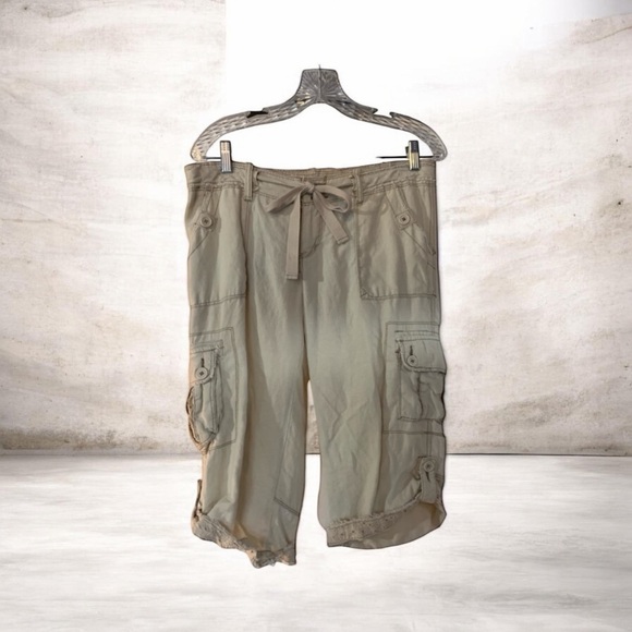 BKE for Buckle Cargo Pants 100%Linen Pockets crochet Lace Detail Y2K Khaki SZ29 - Picture 2 of 13